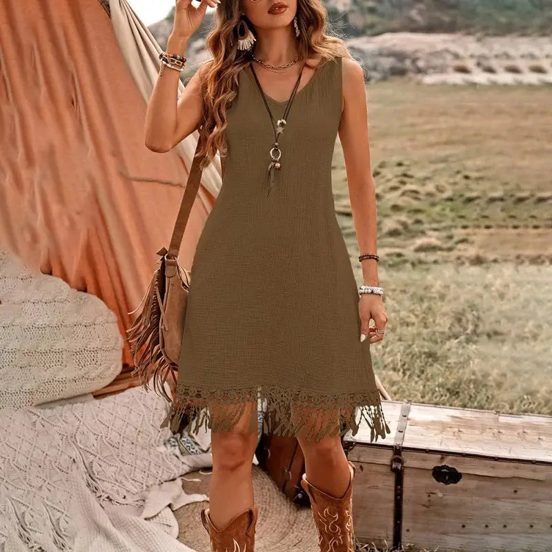 Women Elegant Solid Color V Neck Fringe Detail Sleeveless Bohemian Dress
