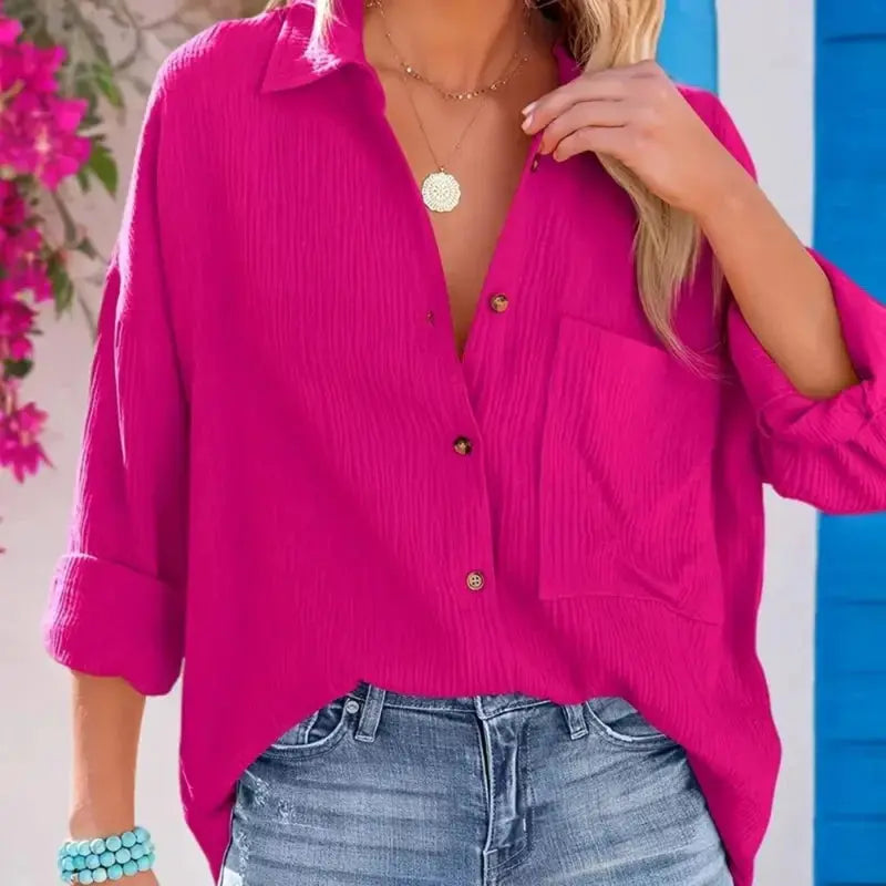 Women Casual Simple Solid Color V-Neck Textured Button Long Sleeve Shirt