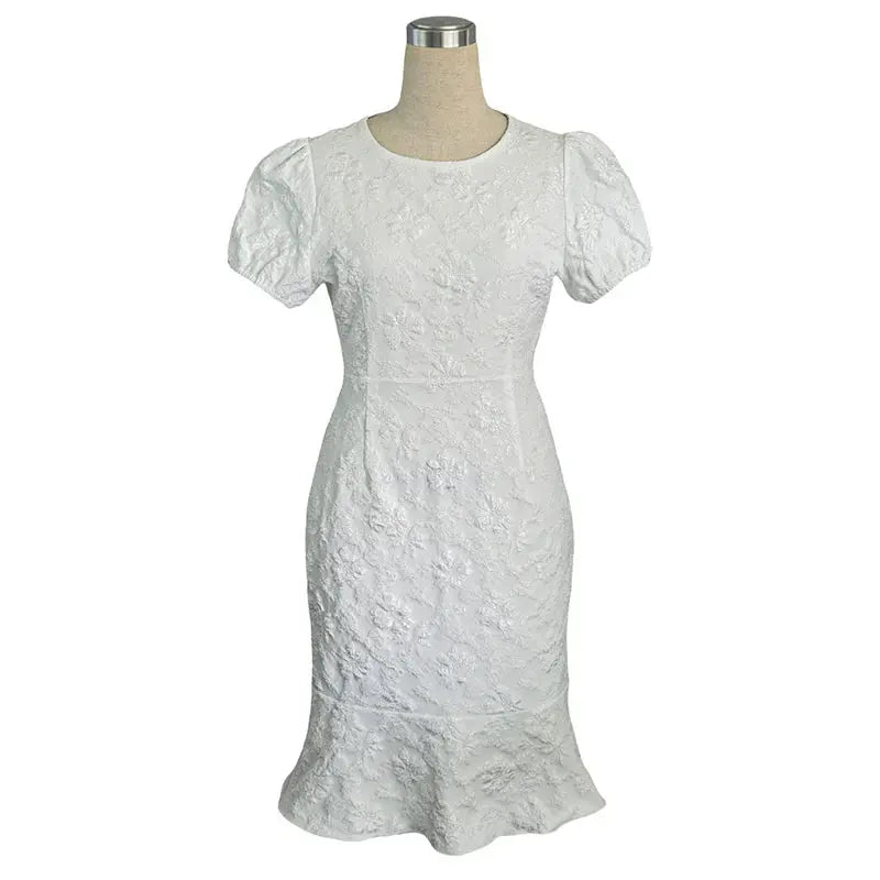Women Short Puff Sleeve round Neck Ruffle Hem Floral Jacquard Slim Fit Dress