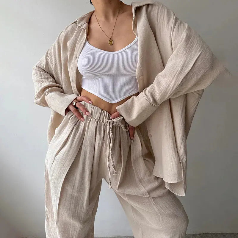Women Casual Loose Solid Color Lapel Long Sleeve Shirt and High Waist Pants Set