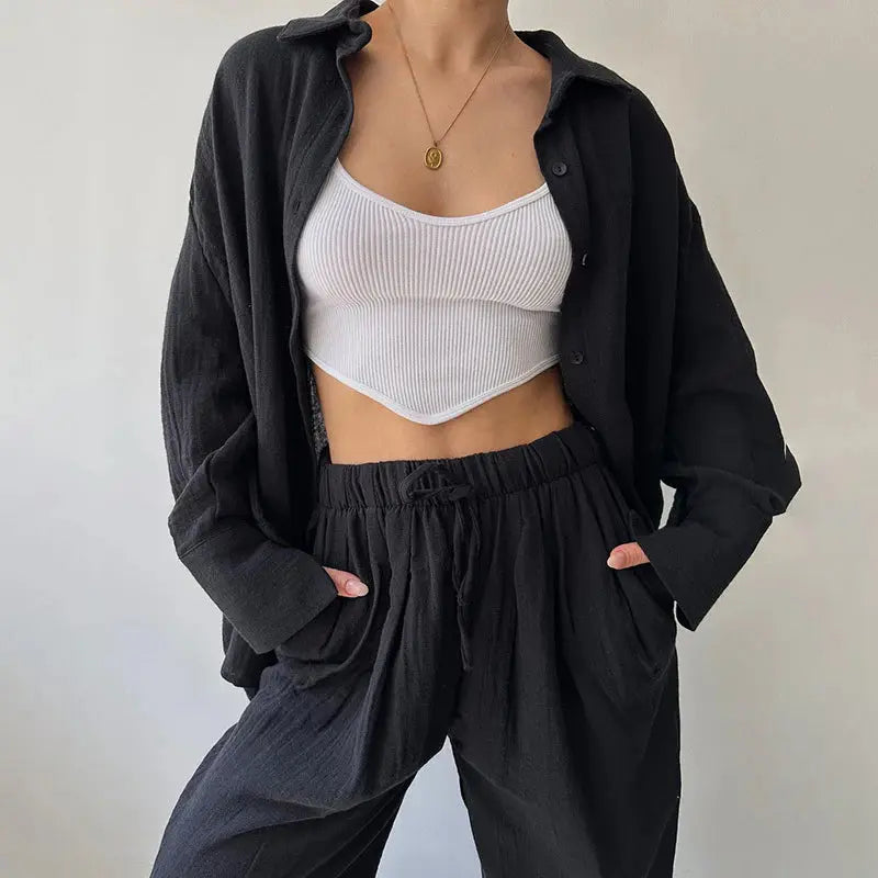 Women Casual Loose Solid Color Lapel Long Sleeve Shirt and High Waist Pants Set