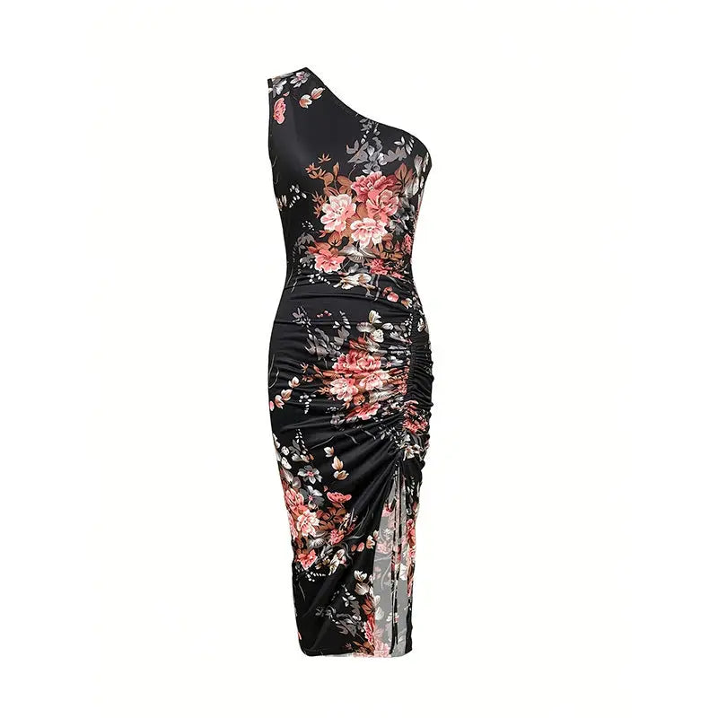 Summer Women One Shoulder Pleated High Slit Floral Slim Dress