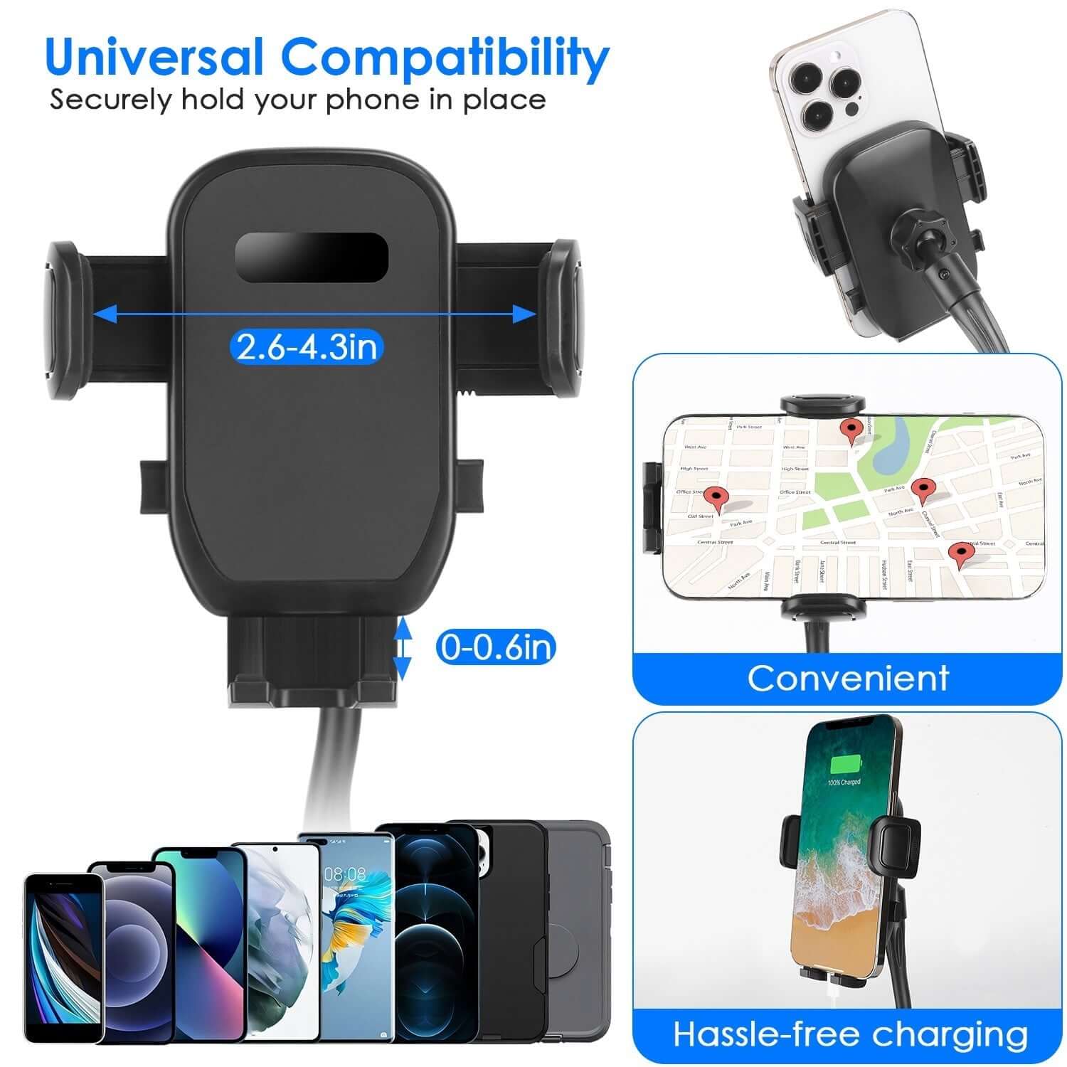 Abysaz Kollectionz 1Pc 2 In 1 Car Cup Phone Holder Automotive Drink Holder With 360 Degree Rotating Gooseneck Phone Mount Adjustable Base Fit For Most Phones Cups Vehicles Abysaz Kollectionz