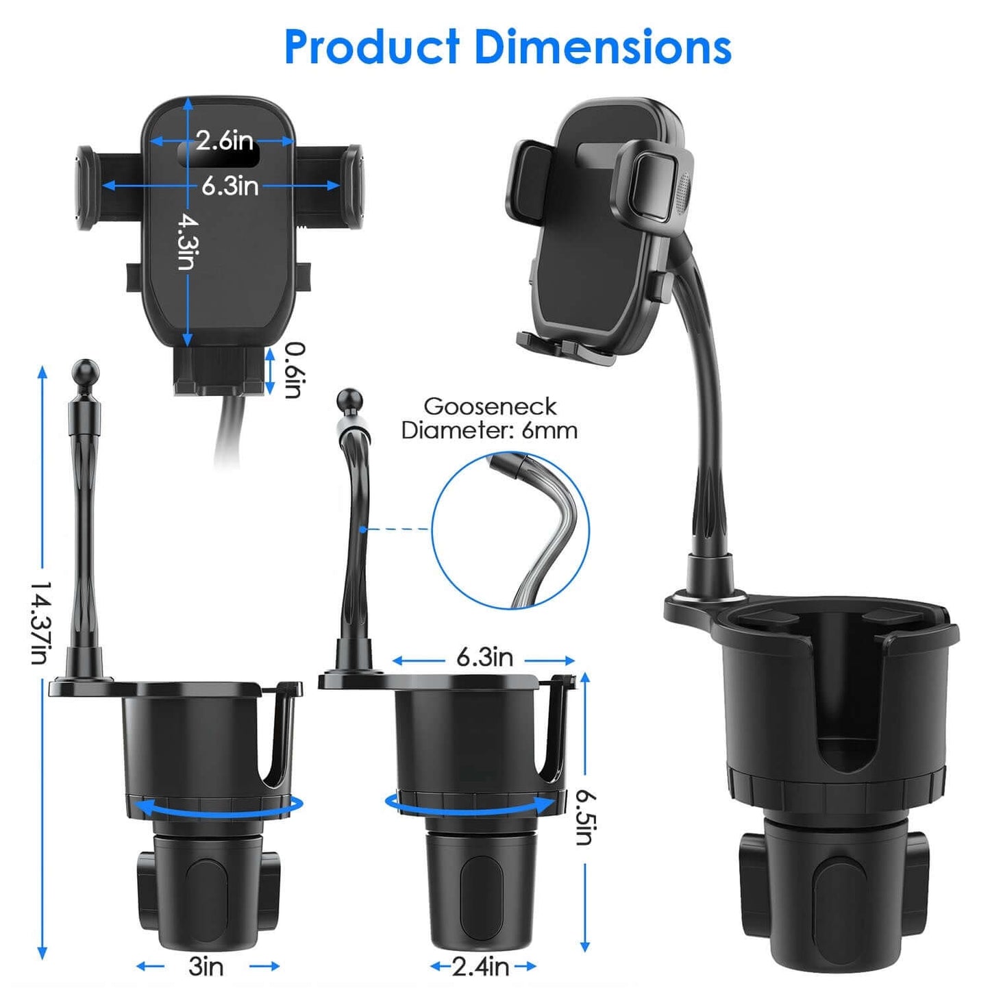 Abysaz Kollectionz 1Pc 2 In 1 Car Cup Phone Holder Automotive Drink Holder With 360 Degree Rotating Gooseneck Phone Mount Adjustable Base Fit For Most Phones Cups Vehicles - Abysaz Kollectionz