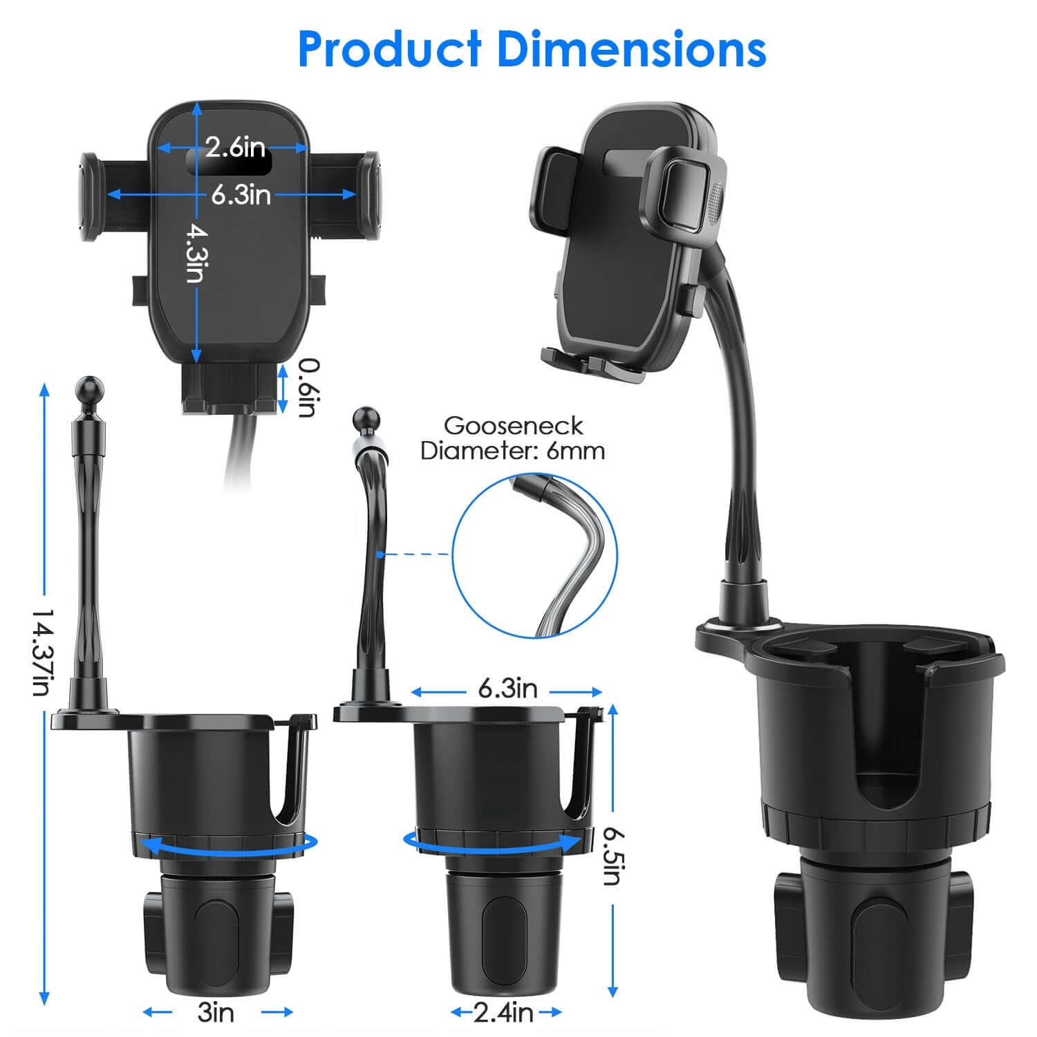 Abysaz Kollectionz 1Pc 2 In 1 Car Cup Phone Holder Automotive Drink Holder With 360 Degree Rotating Gooseneck Phone Mount Adjustable Base Fit For Most Phones Cups Vehicles - Abysaz Kollectionz