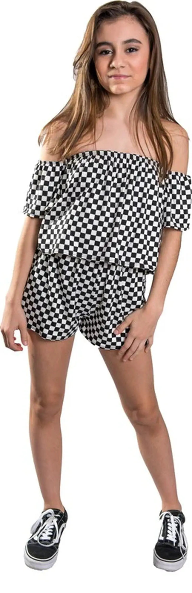 KIDS CHECKERED off the SHOULDER ROMPER