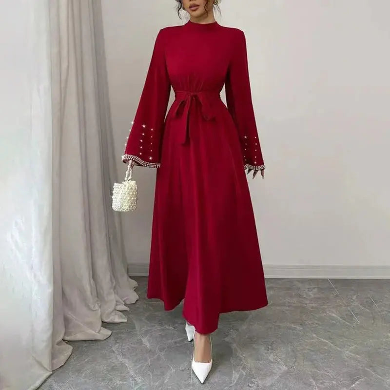 Women Elegant Shiny Embellished Belted Turtleneck Long Sleeve Maxi Dress