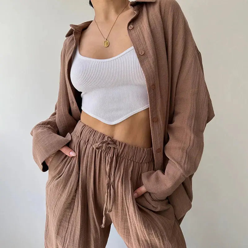 Women Casual Loose Solid Color Lapel Long Sleeve Shirt and High Waist Pants Set
