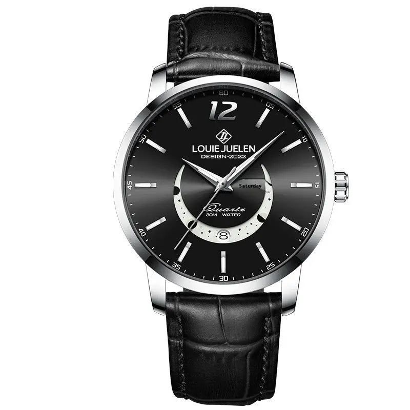 Master Moon Phase Luminous Waterproof Wrist Watch Men's Fashion Genuine Leather Strap Quartz Watch - Abysaz Kollectionz