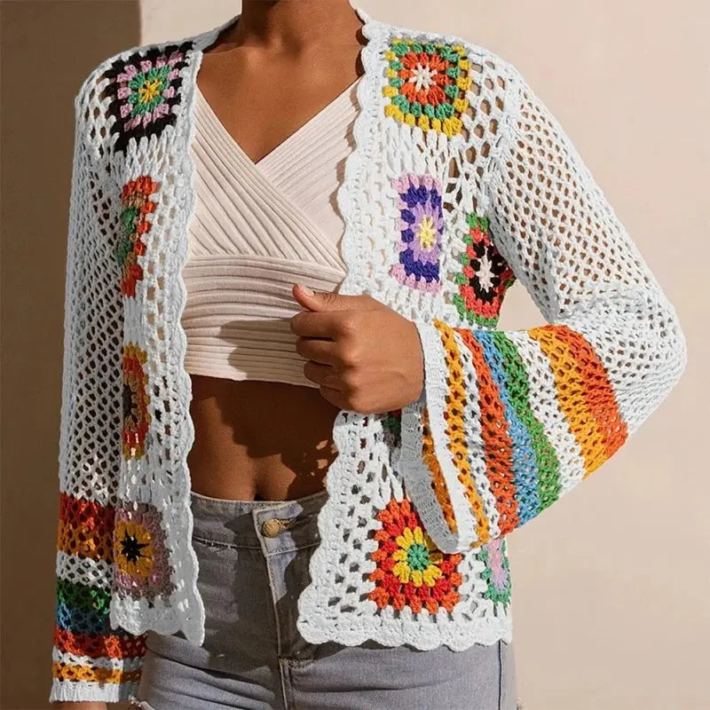 Women Elegant Crochet Cardigan - Long Sleeve Open Front Vibrant Color Block Coat