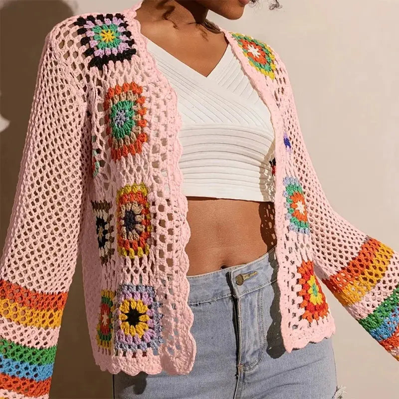 Women Elegant Crochet Cardigan - Long Sleeve Open Front Vibrant Color Block Coat