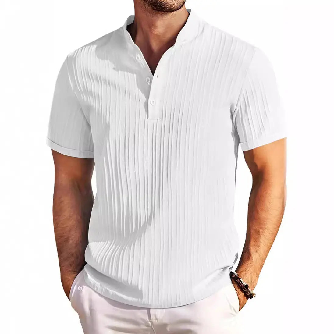 Summer Stand Collar Buttons Short Sleeve T-shirt Solid Color Stripe POLO Shirt Fashion Casual Beach Clothing For Men - Abysaz Kollectionz