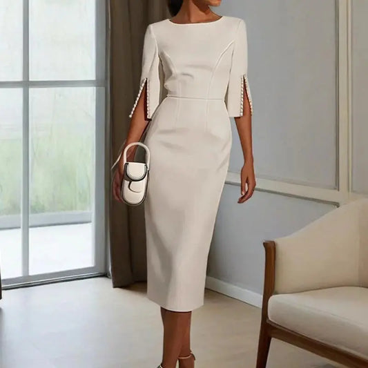 Women Elegant Solid Pearl Embellished Back Zipper and Slit Sleeves round Neck Dress