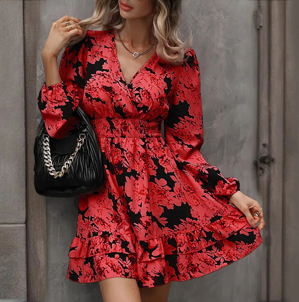 Women Elegant Printed Lantern Sleeve A-Line Dress V-Neck, Ruffle Waist Detail, Flowy Midi Dress