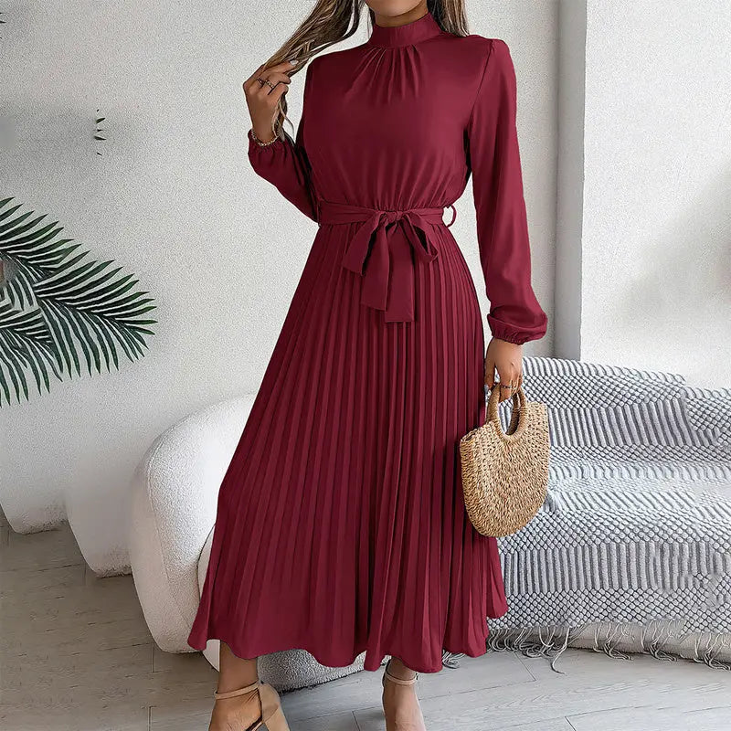 Elegant Solid Color High Collar Long Sleeve Pleated Flowing Dress