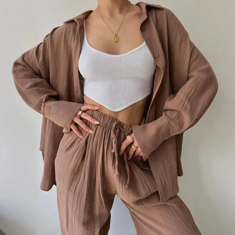 Women Casual Loose Solid Color Lapel Long Sleeve Shirt and High Waist Pants Set