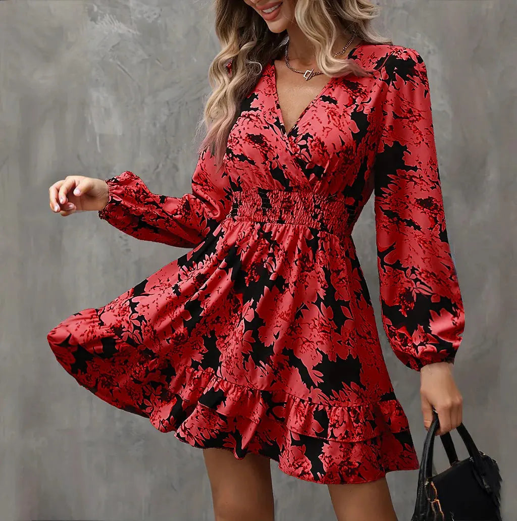 Women Elegant Printed Lantern Sleeve A-Line Dress V-Neck, Ruffle Waist Detail, Flowy Midi Dress