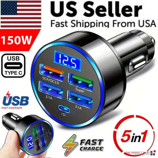 Abysaz Kollectionz 5 USB Port Super Fast Car Charger Adapter For Android Cell Phone Abysaz Kollectionz