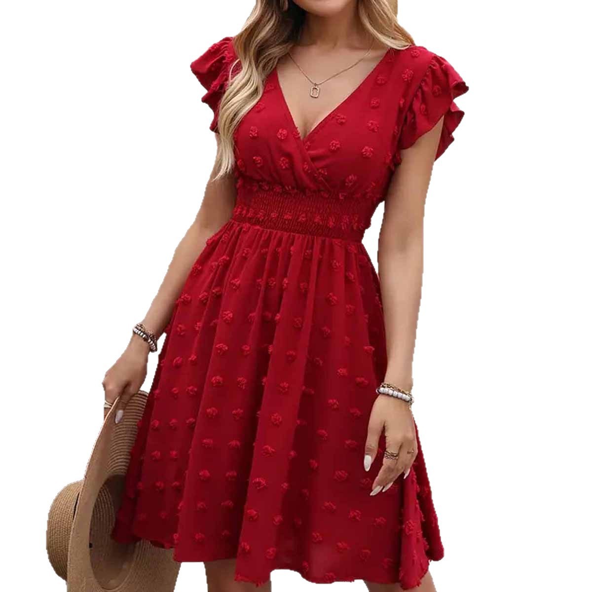 Jacquard Big Fur Ball Elastic Waist Ruffle Sleeve Short Sleeve V-neck Dress Abysaz Kollectionz