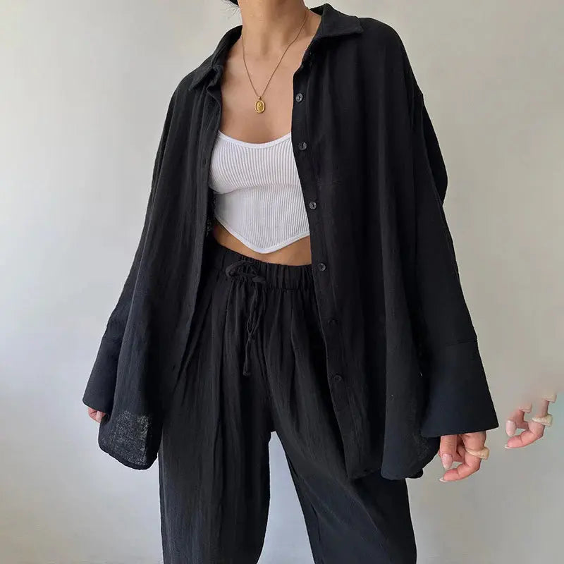 Women Casual Loose Solid Color Lapel Long Sleeve Shirt and High Waist Pants Set