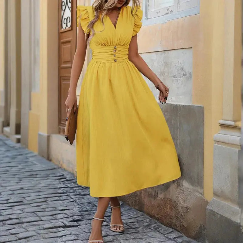 Women Solid Color Sleeveless V Neck High Waist Ruffle Hem Bohemian Flowy Summer Dress