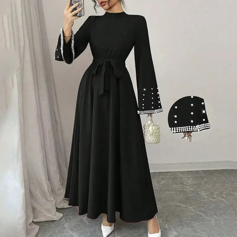 Women Elegant Shiny Embellished Belted Turtleneck Long Sleeve Maxi Dress