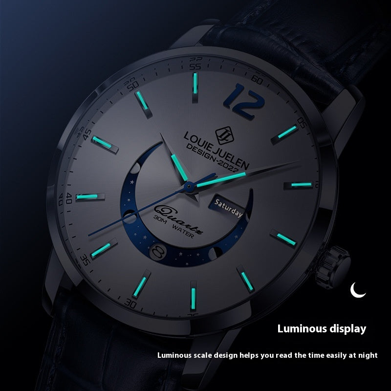 Master Moon Phase Luminous Waterproof Wrist Watch Men's Fashion Genuine Leather Strap Quartz Watch Abysaz Kollectionz