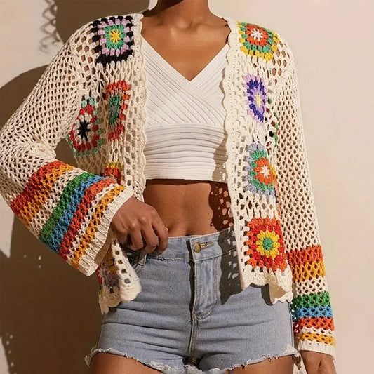 Women Elegant Crochet Cardigan - Long Sleeve Open Front Vibrant Color Block Coat