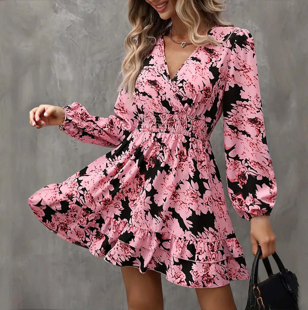 Women Elegant Printed Lantern Sleeve A-Line Dress V-Neck, Ruffle Waist Detail, Flowy Midi Dress