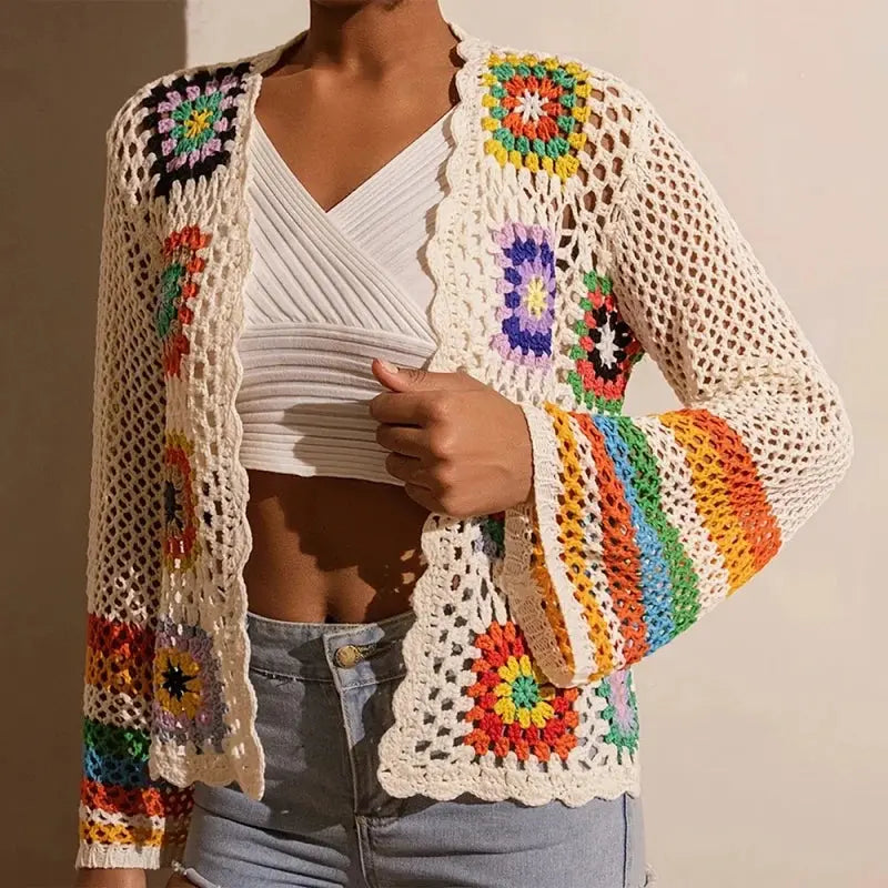 Women Elegant Crochet Cardigan - Long Sleeve Open Front Vibrant Color Block Coat
