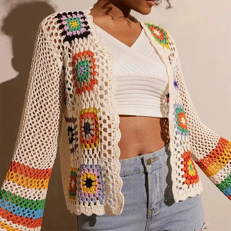 Women Elegant Crochet Cardigan - Long Sleeve Open Front Vibrant Color Block Coat
