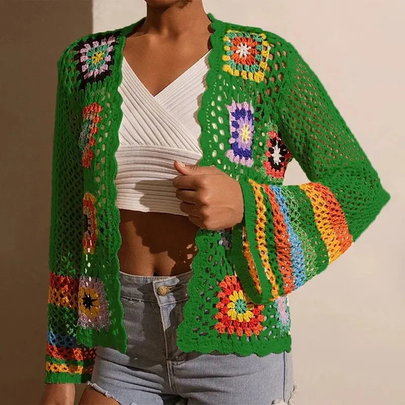 Women Elegant Crochet Cardigan - Long Sleeve Open Front Vibrant Color Block Coat