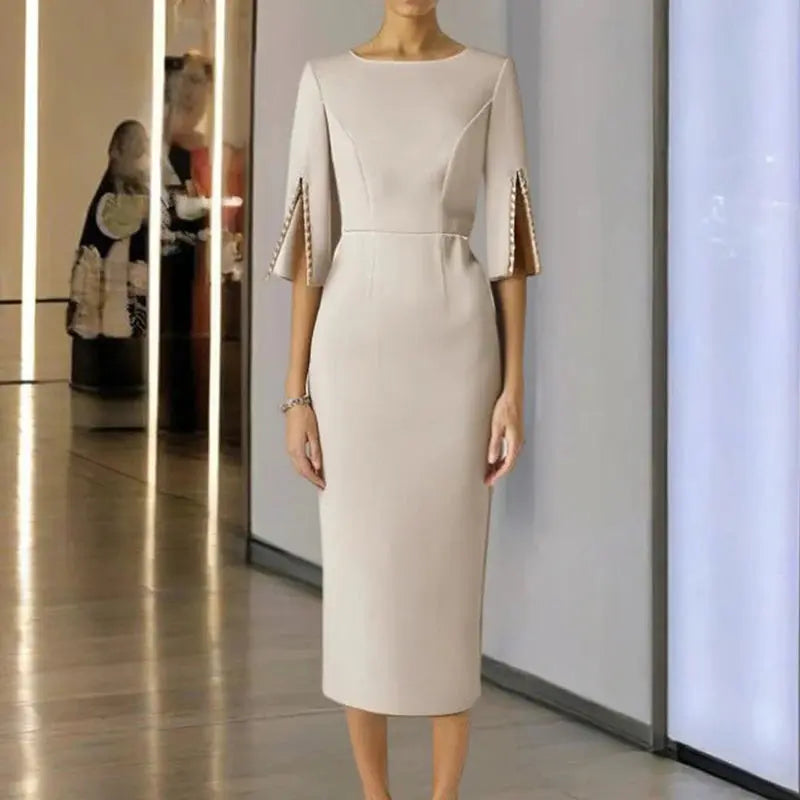 Women Elegant Solid Pearl Embellished Back Zipper and Slit Sleeves round Neck Dress