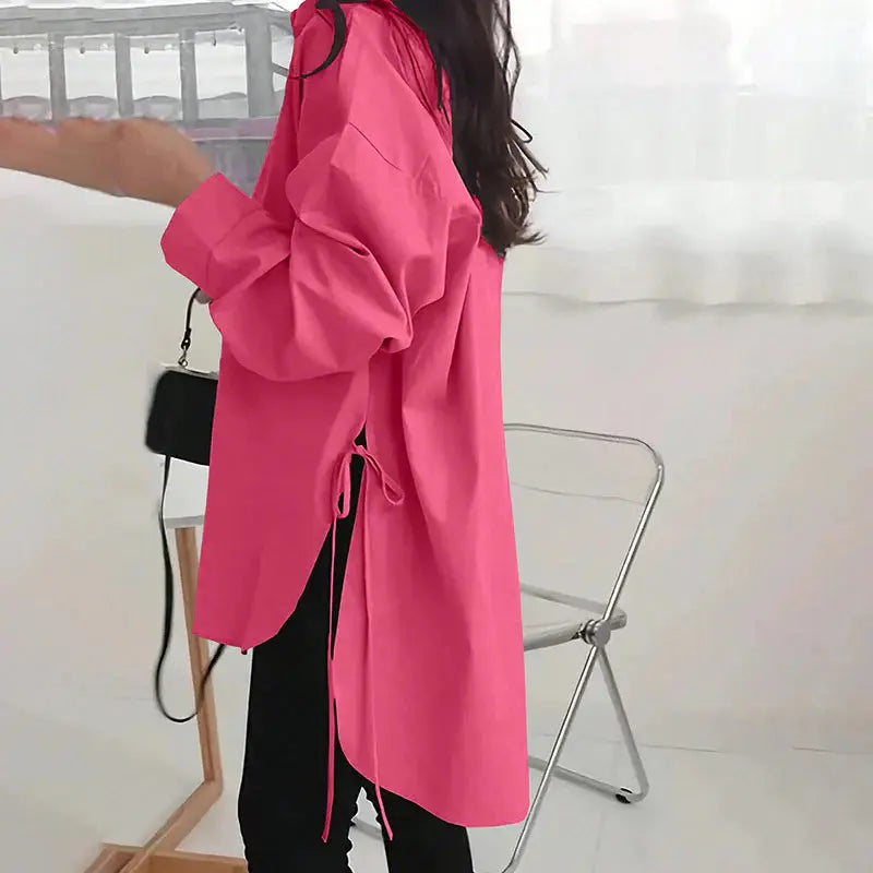 Women Casual Solid Color Loose Long Sleeve Side Slit Tie Button Shirt