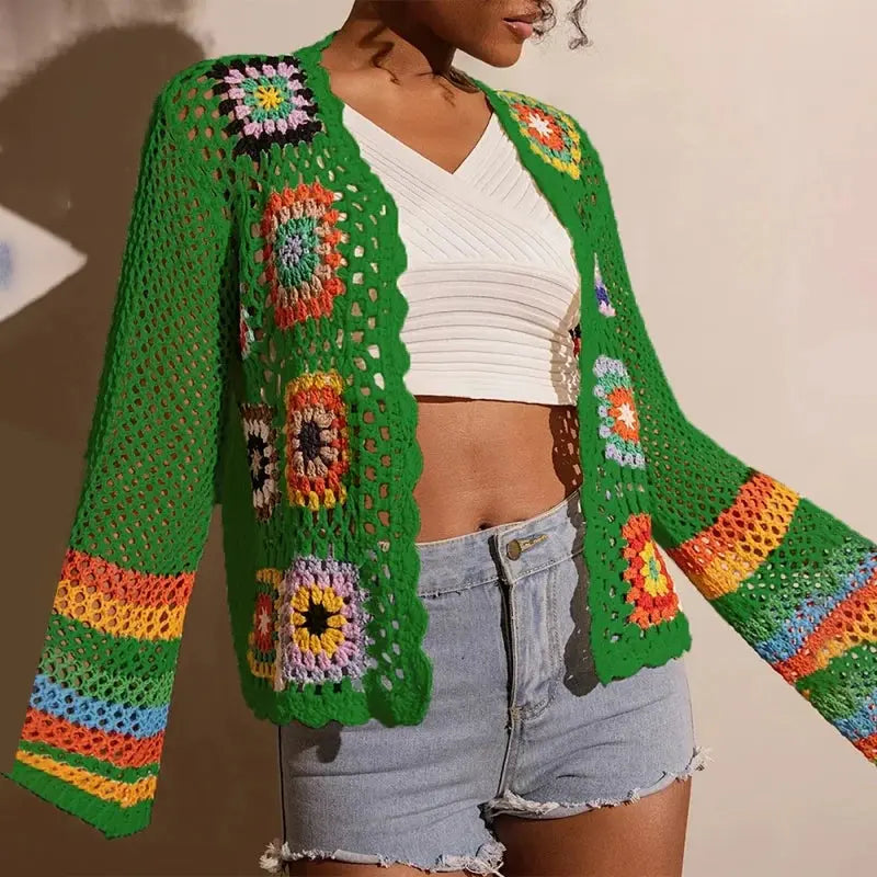 Women Elegant Crochet Cardigan - Long Sleeve Open Front Vibrant Color Block Coat