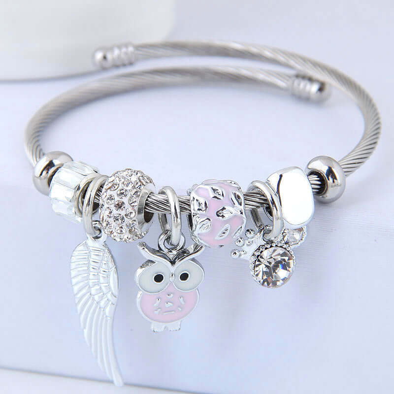 Abysaz Kollectionz DIY Beaded Owl Angel Wings Pendant Stainless Steel Bracelet - Abysaz Kollectionz