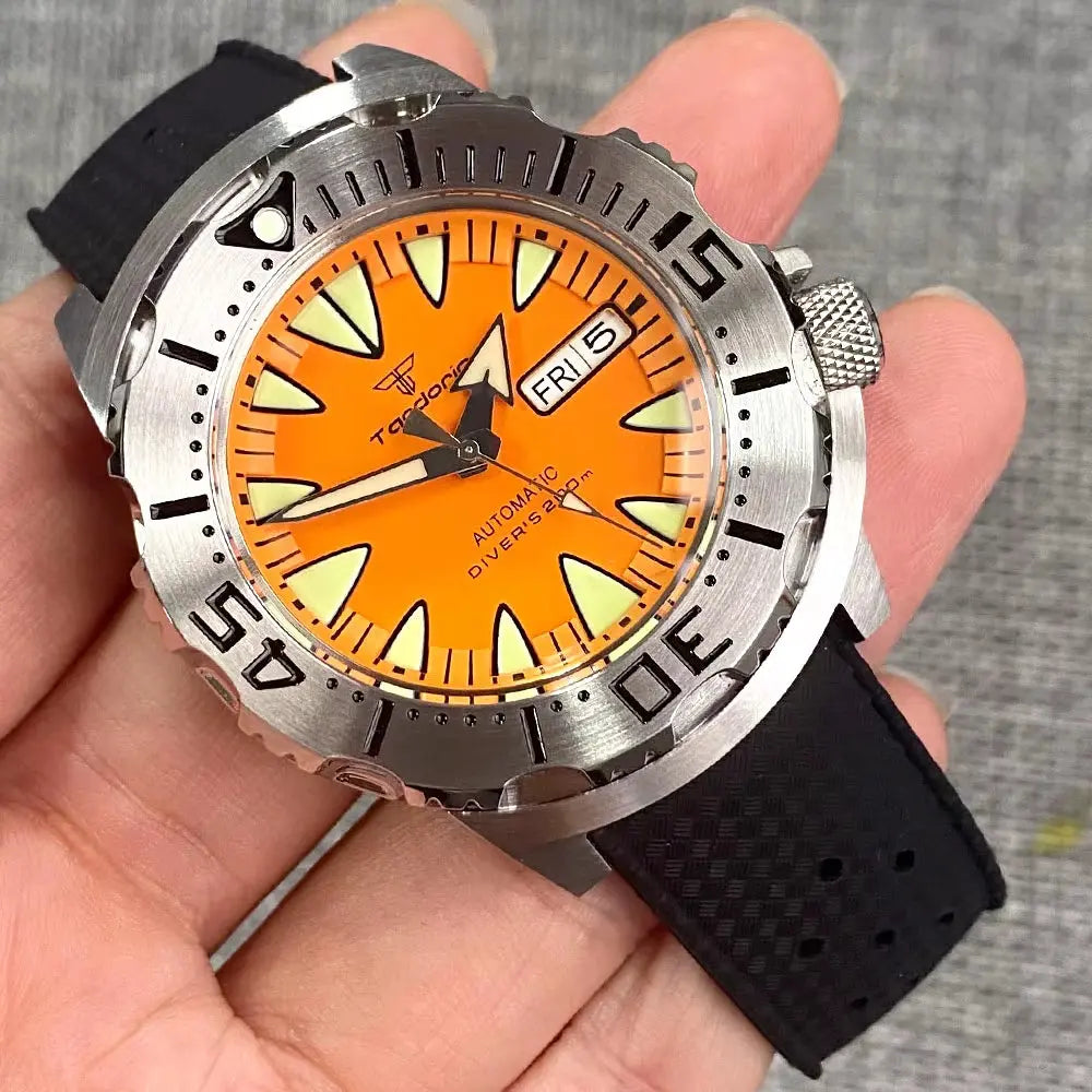 Luminous 42Mm 200M Diving AR Sapphire Crystal Monster Orange Dial NH36A Mens Automatic Watch 3.8 O'Clock Day Lume Rubber