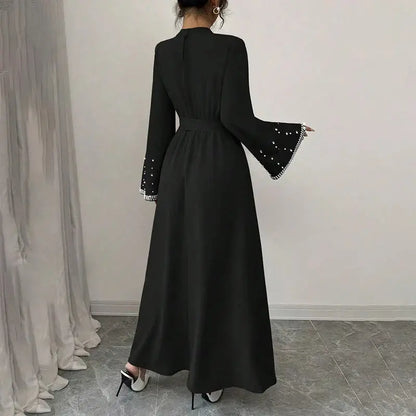 Women Elegant Shiny Embellished Belted Turtleneck Long Sleeve Maxi Dress