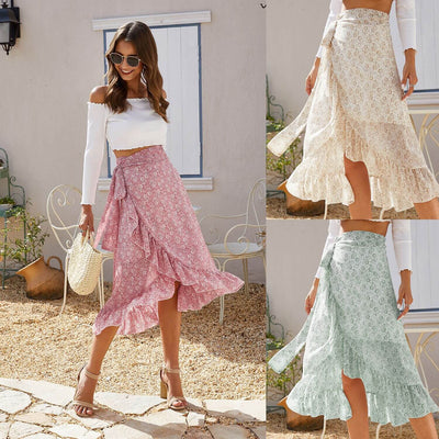 Woman Skirts High Waist Fashion Long Black Knotted Tied Wrap Floral Ruffle Chiffon A-Line Split Skirt Spring Summer Clothes Abysaz Kollectionz