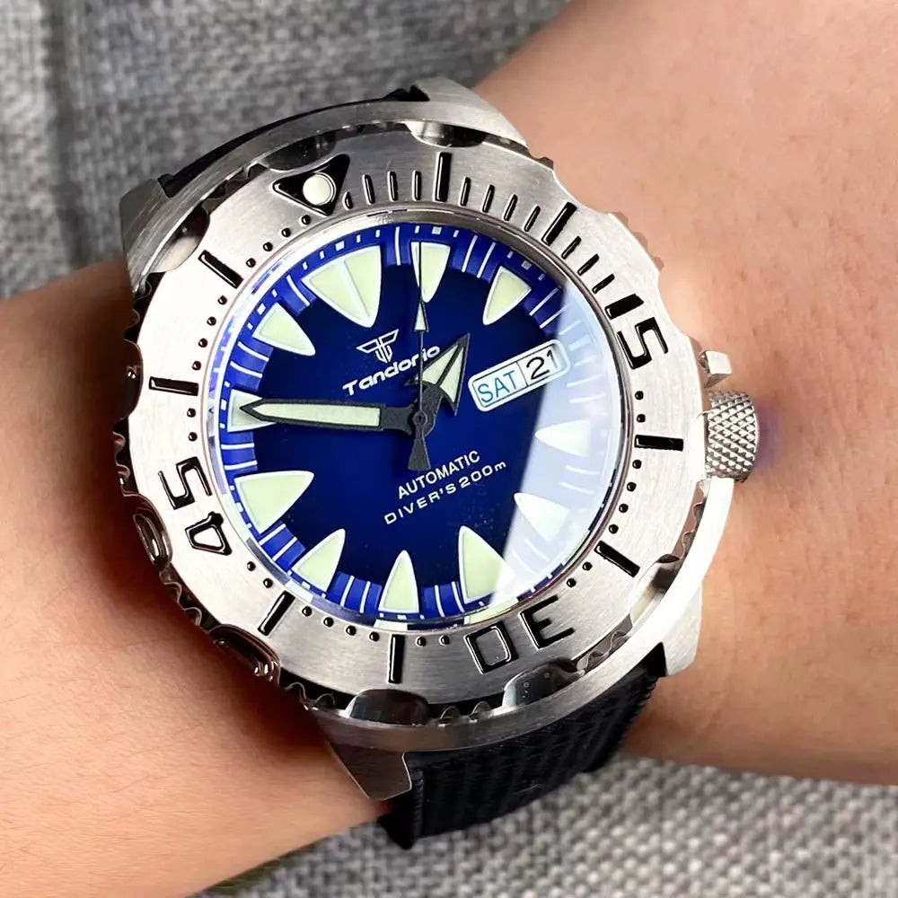 Luminous 42Mm 200M Diving AR Sapphire Crystal Monster Orange Dial NH36A Mens Automatic Watch 3.8 O'Clock Day Lume Rubber