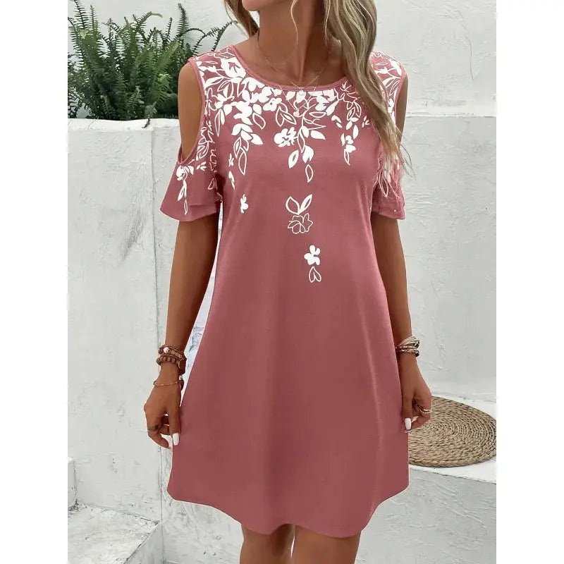Women Summer off Shoulder round Neck Floral Print Beach Vacation Bohemian Dress