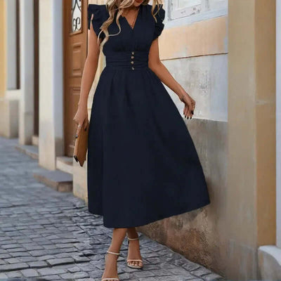 Women Solid Color Sleeveless V Neck High Waist Ruffle Hem Bohemian Flowy Summer Dress