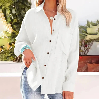 Women Casual Simple Solid Color V-Neck Textured Button Long Sleeve Shirt