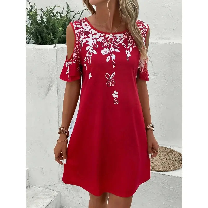 Women Summer off Shoulder round Neck Floral Print Beach Vacation Bohemian Dress