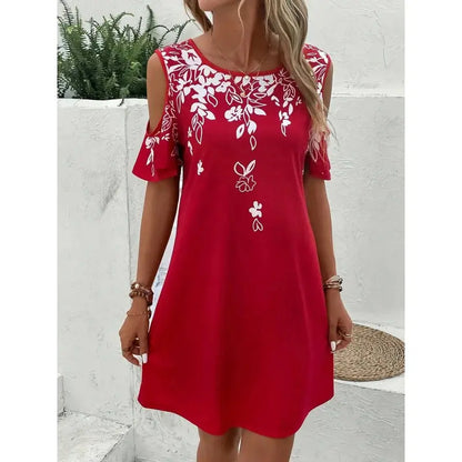 Women Summer off Shoulder round Neck Floral Print Beach Vacation Bohemian Dress
