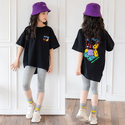 Cartoon Irregular Top Short-sleeved Half-sleeve Big Kids' Trendy Clothes Abysaz Kollectionz