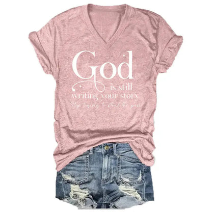 Women Summer Casual V-Neck "God" Letter Print Short Sleeves