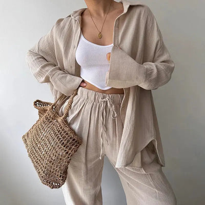 Women Casual Loose Solid Color Lapel Long Sleeve Shirt and High Waist Pants Set