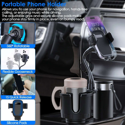 Abysaz Kollectionz 1Pc 2 In 1 Car Cup Phone Holder Automotive Drink Holder With 360 Degree Rotating Gooseneck Phone Mount Adjustable Base Fit For Most Phones Cups Vehicles Abysaz Kollectionz
