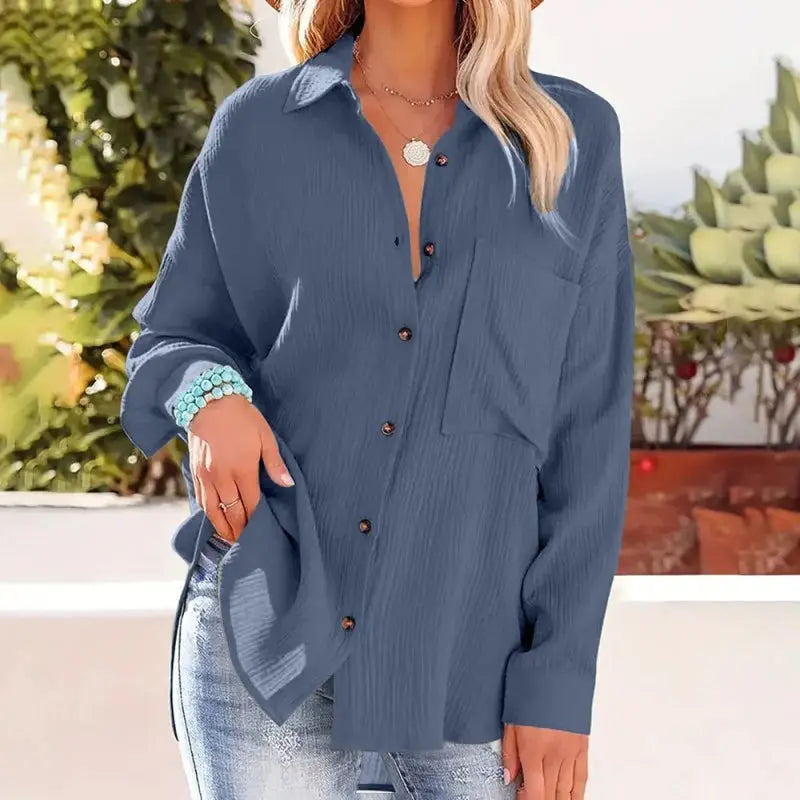 Women Casual Simple Solid Color V-Neck Textured Button Long Sleeve Shirt